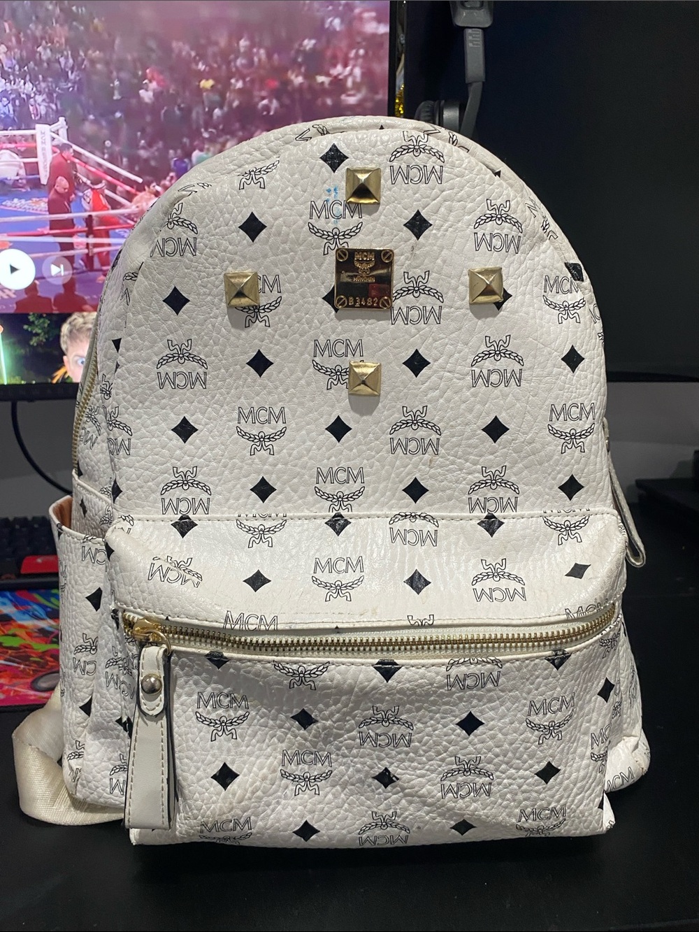 MCM White Visetos Logo Backpack with Gold Stud Accents